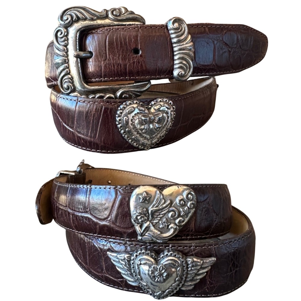 Brighton Brown Croc Embossed Leather Belt Heart Angel Silver Ornate Large 42409